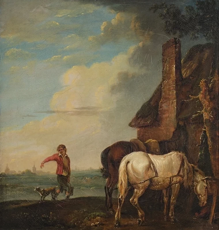 Due cavalli da lavoro davanti a una capanna sullo sfondo le torri di Delft, 1647